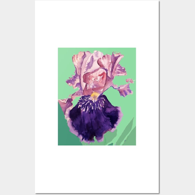 Iris Watercolor Painting - Glorious Purple on Mint Green Wall Art by SarahRajkotwala